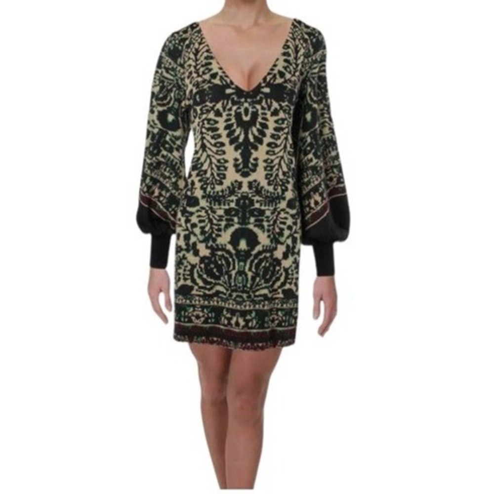 Free People Music & Lyrics V-Neck Balloon Sleeve Knit Mini Sweater Dress Small